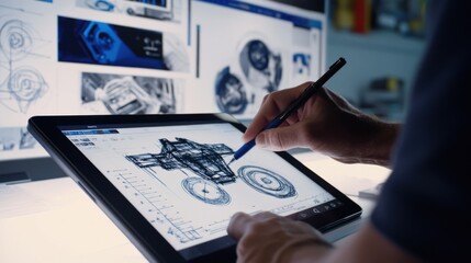 A mechanical designer sketching on a tablet, modern design studio with CAD software and blueprints in the background, High-tech style
