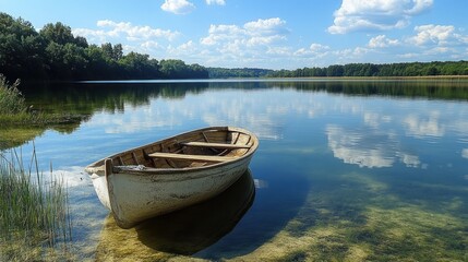 Obraz premium Serene lake scene with a small rowboat at the edge, reflecting the sky and trees