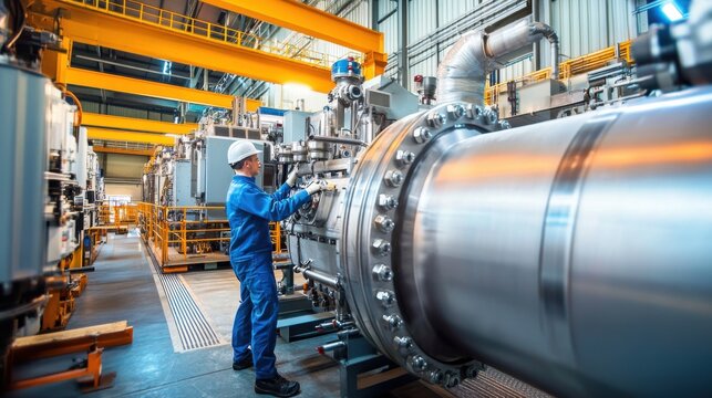 A mechanical engineer testing machinery, advanced testing facility with large machines in the background, High-tech style