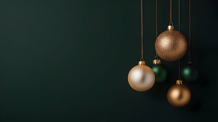 Elegant gold and green Christmas baubles hang against a dark green background, leaving copy space