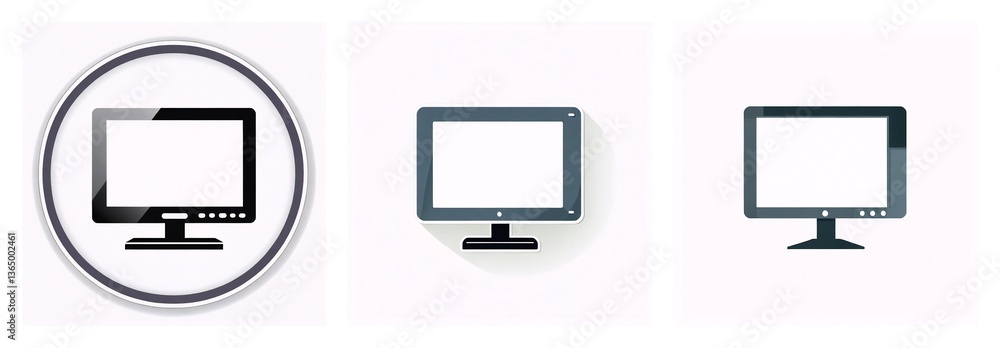 Fototapete Three simple monitor icons are shown. One is within a circle frame. All are flat, digital representations of desktop computer displays.