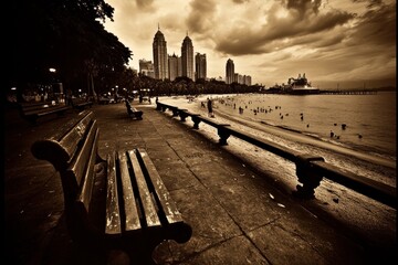 Serene coastal city park benches facing a sandy beach and distant skyscrapers under a dramatic sky