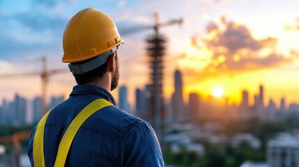 Construction worker in yellow hard hat observing the sunset over the skyline of a modern city with cranes and high rise buildings reflecting the progress and expansion of urban development
