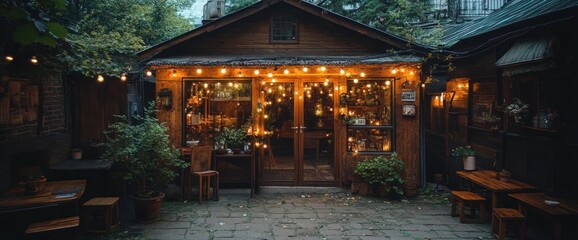 Naklejka premium Cozy wooden shop at night, illuminated by warm string lights. Outdoor seating
