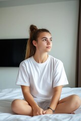 Naklejka premium A young woman is sitting on a bed in a room. She is wearing a white shirt and shorts
