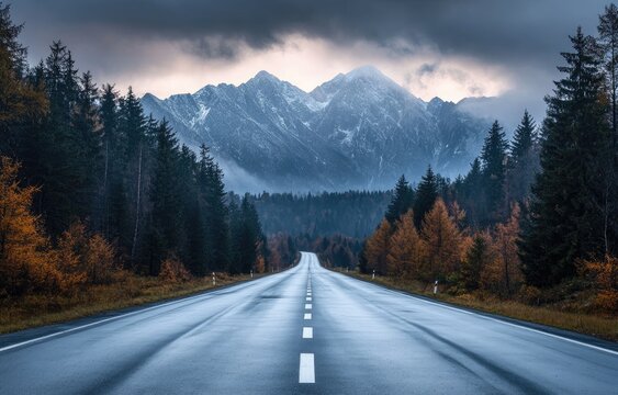 Empty road leading to snow-capped mountains under a dramatic sky. Autumn colors paint the forest edges