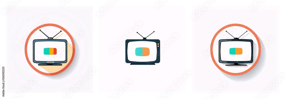 Aufkleber Three retro television icons are displayed. Two are inside orange circles with shadows, while the center one is on a plain background. Each TV has antennas and a screen with colored rectangles.