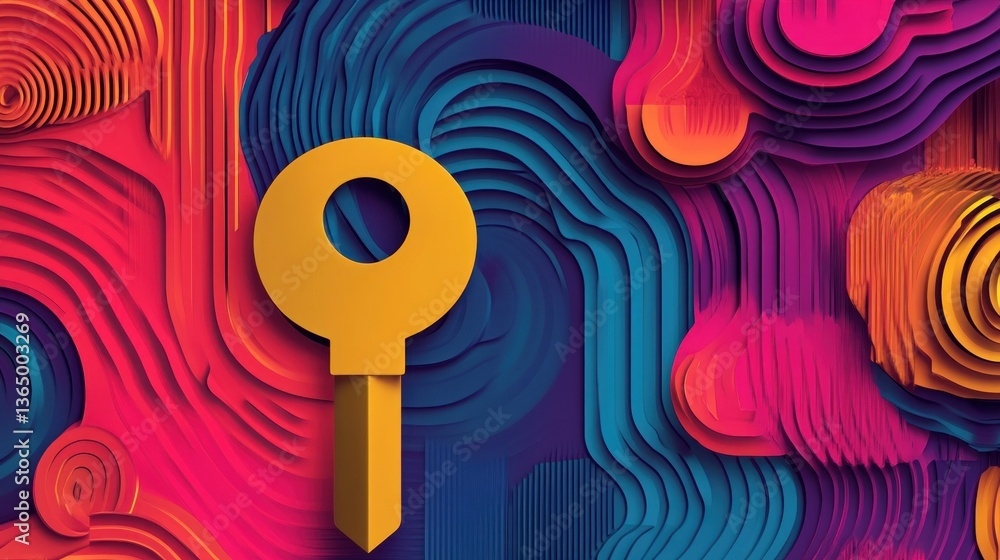 Poster vibrant abstract design with orange key symbol on layered colorful background. modern art concept. c