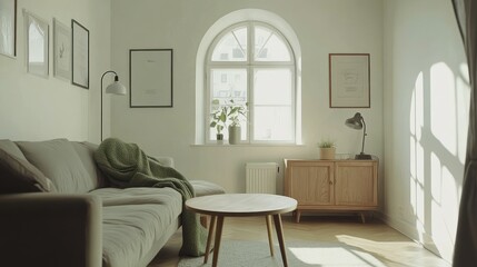 Bright living room, sunlight streams through arch window, cozy sofa, ideal for relaxation, showcasing modern Scandinavian interior design