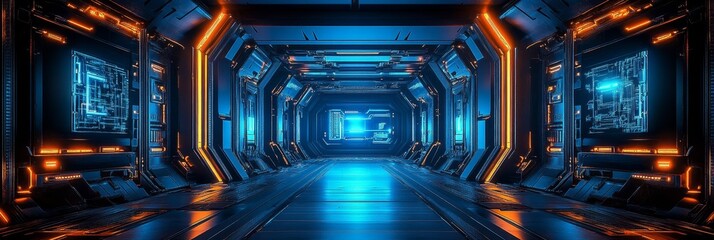 Obraz premium Futuristic Corridor Background, Spaceship with Glowing Blue, Orange Neon Lights, Perspective View.