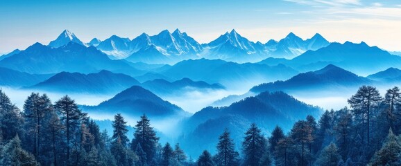 Obraz premium Misty blue mountains and evergreen forest