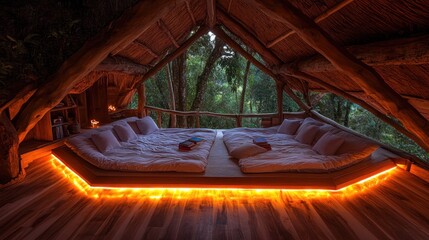Fototapeta premium Secluded treetop haven with low platform beds illuminated by warm ambient lighting