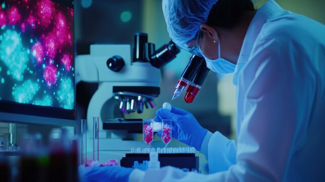 A nanomedicine scientist developing nanoparticles for targeted cancer therapy, lab with nanoparticle samples, cancer cells