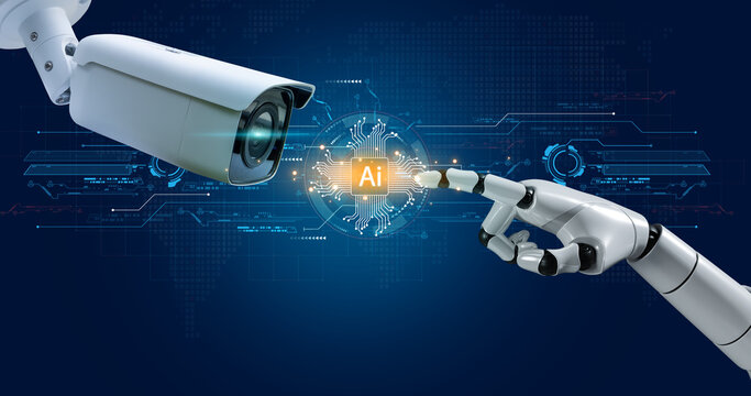 Integration of artificial intelligence (AI) with CCTV surveillance robotic hand symbolizing AI reaches out to interact with a high-tech security camera revolutionizing protocols in security systems