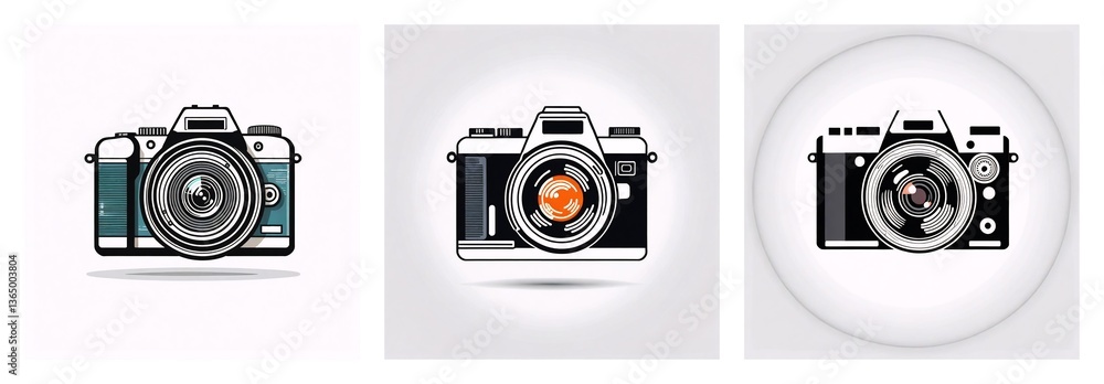 Poster three camera icons depict varied styles of a photographic device. each image presents a distinct col