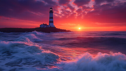 A magical photography of a lighthouse overlooking the Baltic Sea at sunrise, surrounded by gentle waves and a sky ablaze with orange, pink, and purple tones.