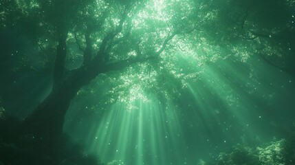 Obraz premium Sunbeams pierce a lush, green forest canopy, illuminating dust motes. Mysterious, magical atmosphere