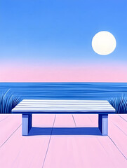 Empty bench by the sea at sunset