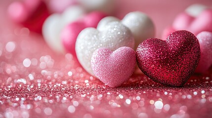 Fototapeta premium Pink and white hearts float on a glittery pink background, romantic for love celebrations.