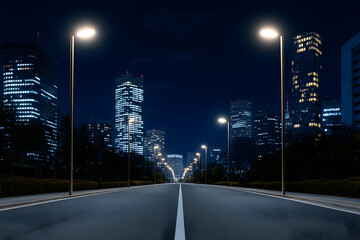Empty city street at night, skyscrapers illuminated