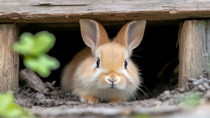 Fototapeta premium Curious Cute Bunny Peeking Over White Wall with Green Ivy in Bright Spring Garden Setting.