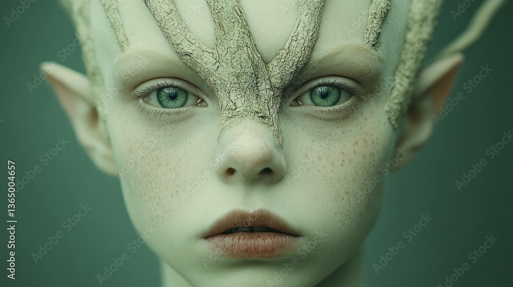 Poster enigmatic child with ethereal features and textured skin, showcasing a connection to nature in a sof