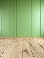 Empty room with light green paneling and wooden floor