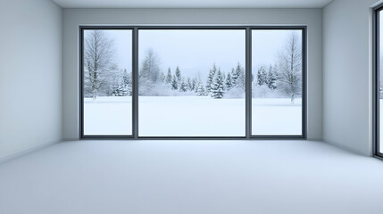 Empty room with large windows overlooking snowy landscape