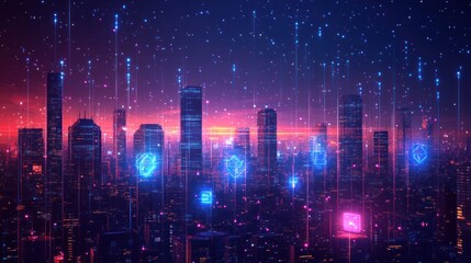 futuristic cityscape with glowing digital structures and vibrant colors showcasing technological progress and innovation in urban environments