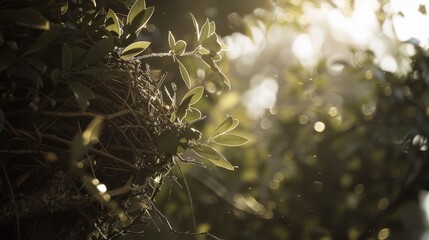 Nest Among Leaves in Sunlight with Soft Background Bokeh Effect