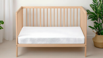 Empty wooden crib with white mattress, houseplant visible