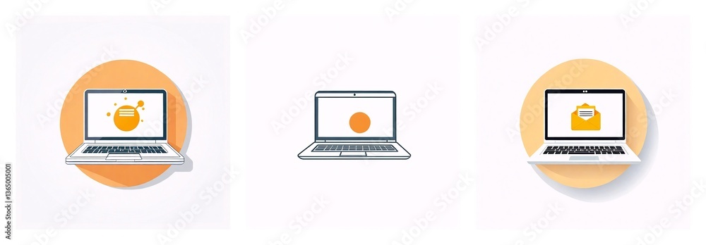 Poster three laptop icons display diverse screen contents: a sun, a dot, and an email, suggesting different