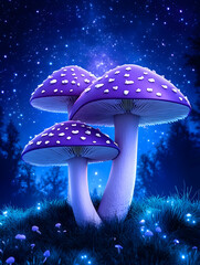 Enchanting purple mushrooms glowing under a starry night sky