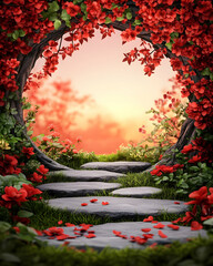 Enchanted floral pathway at sunset