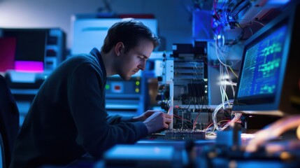 A quantum communication specialist researching secure communication systems using quantum encryption, lab with quantum encryption equipment, fiber optic systems