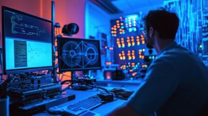 A quantum communication specialist researching secure communication systems using quantum encryption, lab with quantum encryption equipment, fiber optic systems