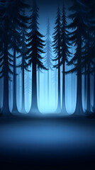 Enigmatic blue-hued forest scene at dusk, tall evergreens shrouded in mist