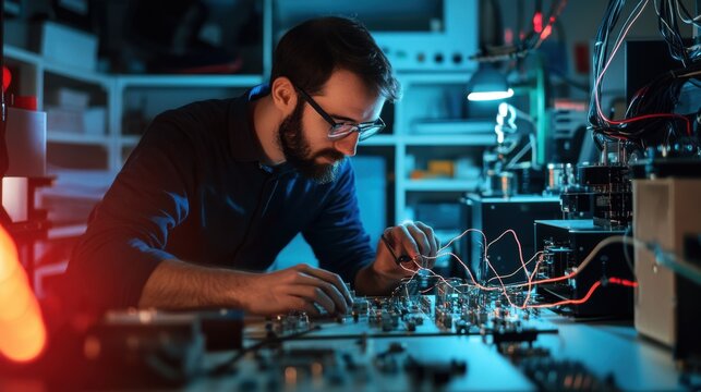 A quantum communication specialist researching secure communication systems using quantum encryption, lab with quantum encryption equipment, fiber optic systems