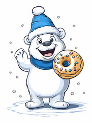 Cute polar bear with winter hat and donut