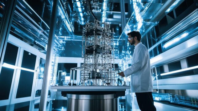 A quantum computer engineer in a research lab, futuristic research facility with a quantum computer setup in the background, High-tech style