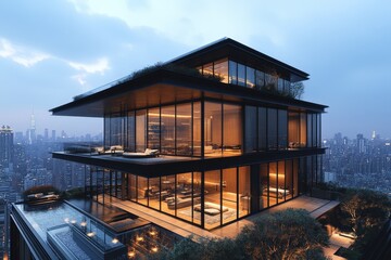 Modern Skyscraper With Glass Walls and Rooftop Garden Stands Tall Against a Vibrant City Skyline During Twilight Hours