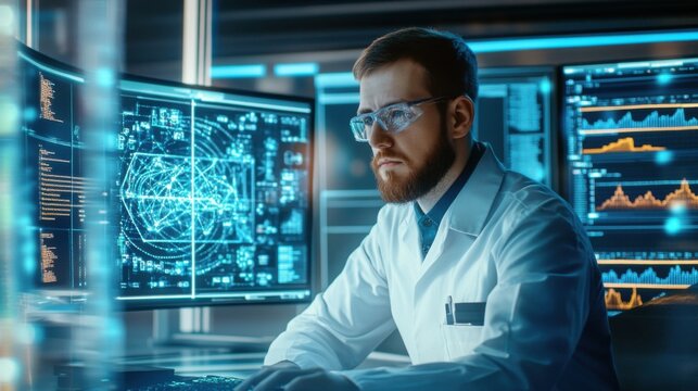 A quantum computer engineer optimizing quantum algorithms, tech lab with quantum computers and algorithm displays visible, High-tech style