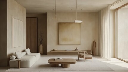Minimalist beige living room with artwork,  modern furniture, and natural light. Ideal for interior design inspiration or showcasing a contemporary lifestyle