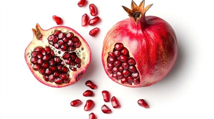 Pomegranate halves and seeds on white background