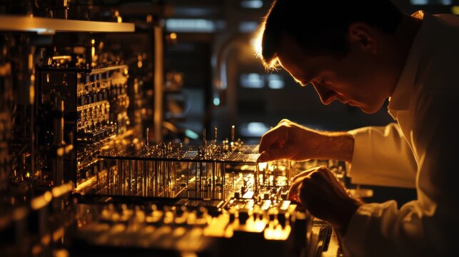 A quantum computer scientist developing quantum algorithms for data encryption, lab with quantum computers, encryption models