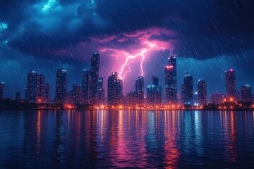 Fototapeta premium Stormy Skyline With Dramatic Lightning Illuminating City Buildings During a Rainstorm at Night