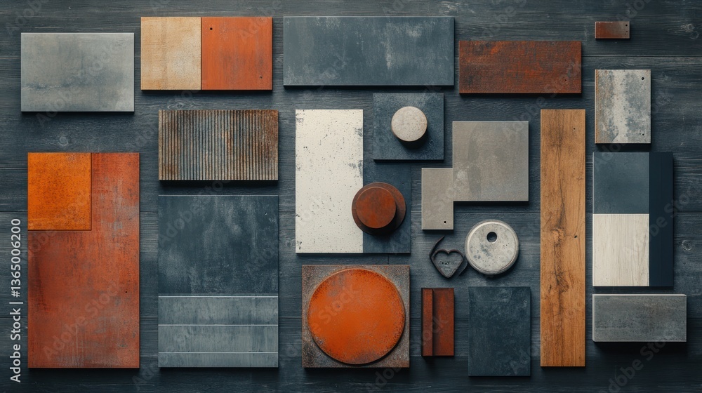 Poster abstract arrangement of textured rectangular and cylindrical shapes in various colors and materials