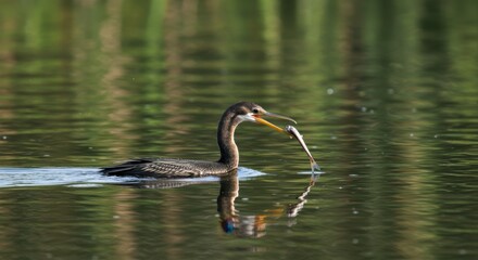 Naklejka premium Anhinga Catching Fish in Lake Water Reflection