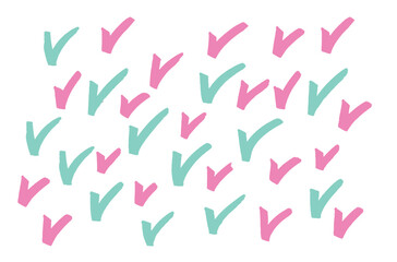 Hand draw illustration of multiple pink and green check marks arranged on a transparent background. Vector trendy design perfect for prints, flyers, banners, fabric, invitations, branding, covers.