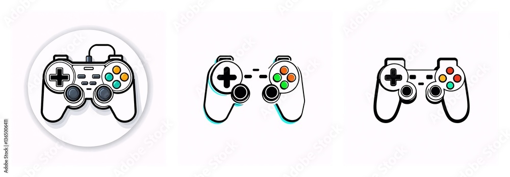 Aufkleber Three cartoon game controllers are depicted. One is within a circle, another is linked to a second, and the last one is by itself. All are set against a white backdrop.